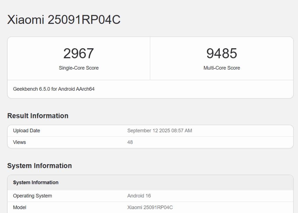 Xiaomi Pad 8 ProのGeekbench 6スコア